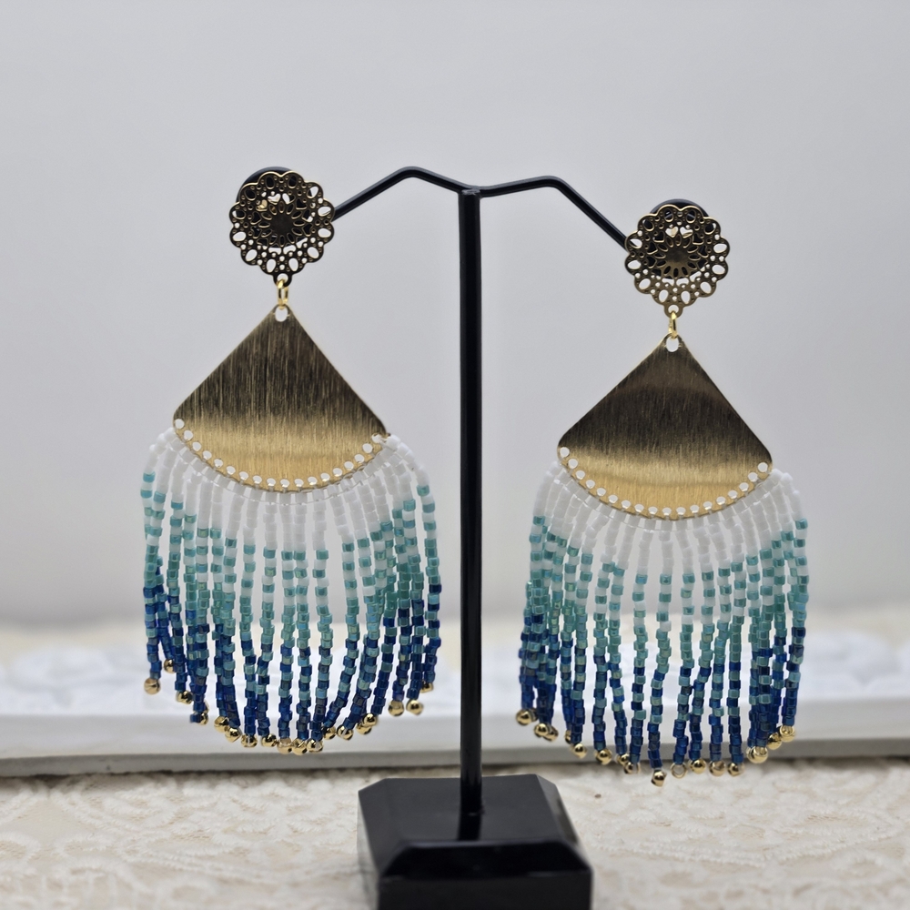 Elegant Gold and Blue Beaded Earrings